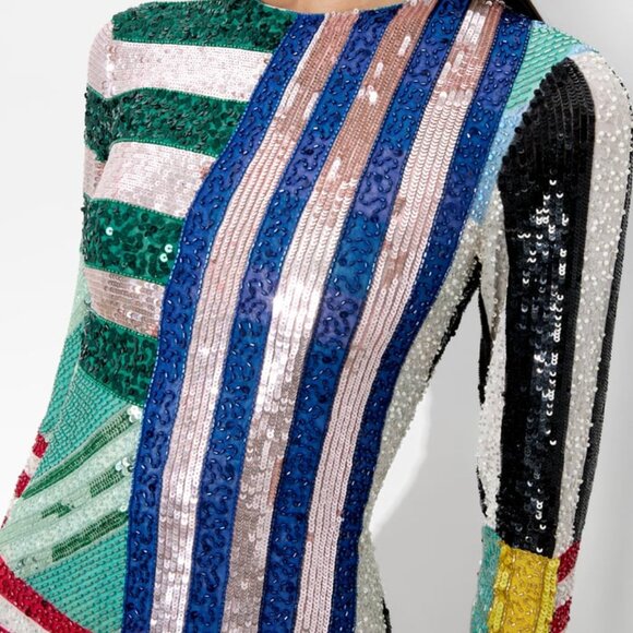 ALICE + OLIVIA Delora sequin and bead-embellished mini dress stripe Size 2 - Picture 2 of 15